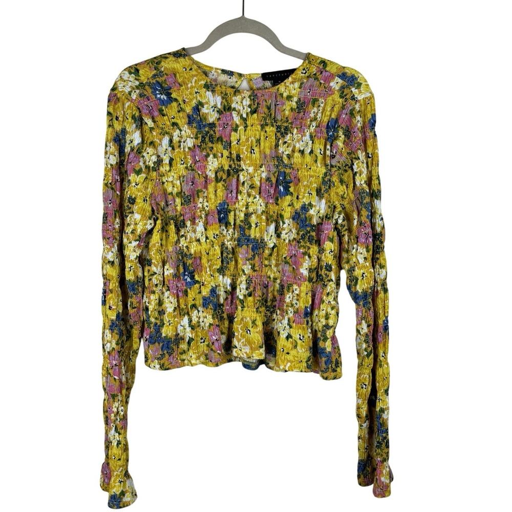 Sanctuary Smocked Floral Blouse | Yellow | Size Medium | Stretchy Ruched